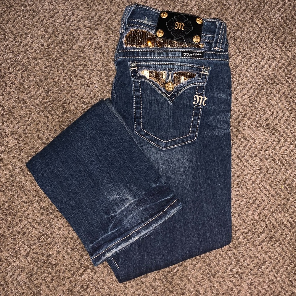 Miss Me Denim Distressed Jeans with gold sequins.